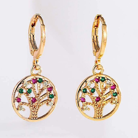 Gold 14K GP Tree Of Life Zircon Earrings - Picture 3 of 4